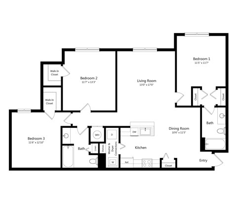 Floor plan for 3 beds, 2 baths, 1240 sqft